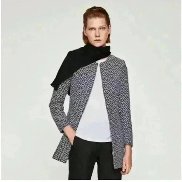 Zara Classic Minimalist Tweed Blue White Zip Up Peacoat Women’s Size Small - Picture 4 of 10